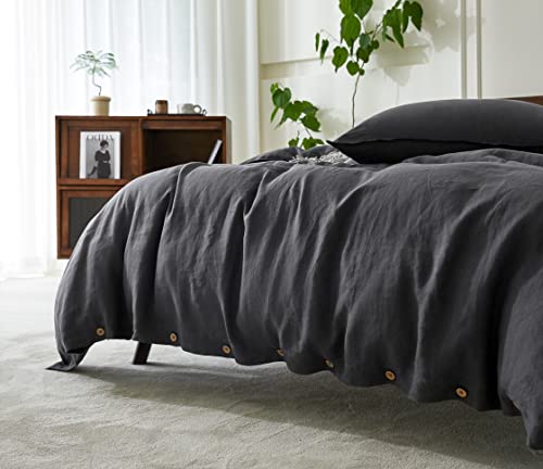 EVERLY 100% Pure Linen Duvet Cover Set Queen Size90X90Inch 3pcs (1 Duvet Cover,2 Pillowcases) Soft and Breathable for All Season with Coconut Button Closure, Suitable for Hot Sleepers-Dark Grey-Queen