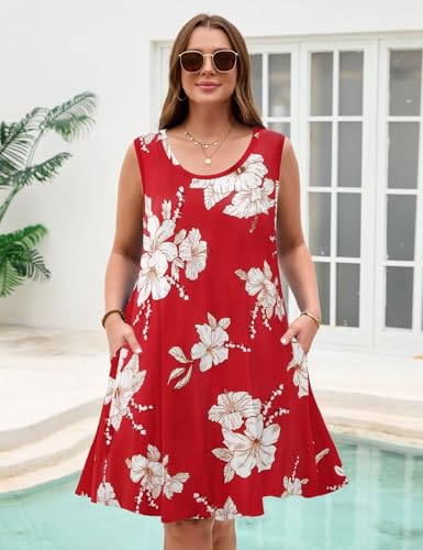 Image of JollieLovin Women Plus Size Curvy Summer Tank Sun Dresses Sleeveless Causal T-Shirt Dress Beach Swing Cover up(L-5X)