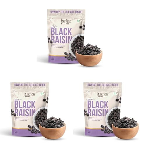 Image of KitchenSmith Afghani Seedless Black Raisin - 500gm | Draksh, Kaali Dakh & Kali Kishmish Raisins | Naturally Sourced, Dried & Sweet Dry Fruits (Air Tight Pouch) (Pack of 3)