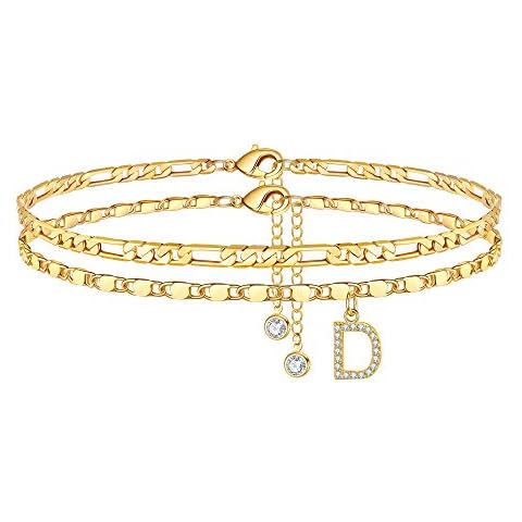 Ursteel Ankle Bracelets for Women, 14K Gold Plated Dainty Layered Figaro Chain CZ Initial Anklets Set Summer Jewelry Gifts for Women Teen Girls, Metal Cover