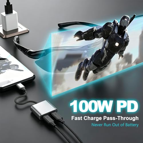 Image of Verilux Type C to Dual C AR Glasses Adapter 2-in-1 Splitter, Compatible PD 100W Fast Charging Adapter for DJI RC 2, Switch OLED, Steam Deck Connected Viture /Rokid /Xreal AR Glasses 1080P@120Hz /4K@60Hz