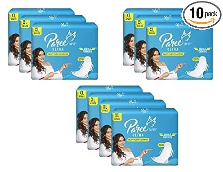 Paree Super Ultra Dry Feel Double Feathers Sanitary Pads for Women (Trifold)| XL-60 Pads (Combo of 10)|Quick Absorbtion| Disposable Covers