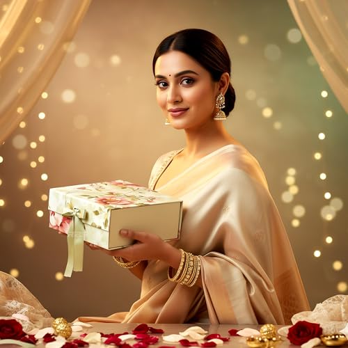 Image of RBS - MEDIUM Gift Box (26x26x10cm) Decorative Gift Packing Box with Ribbon (1 Pack) Holds Upto 8 kg Hamper Boxes for Gift Empty All Occasions Reuse Gift Box for Packaging (M-Petals & Promises)