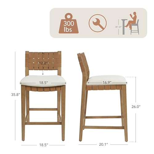 Butacos CHITA tejidos a mano, altura de barra (26 pulgadas), juego de 2 unidades, con respaldo, estructura de madera, para isla de cocina y bar en el hogar, color marrón silla miniatura 2