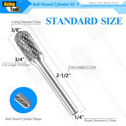 Image of SC-3 Tungsten Carbide Burr Rotary File Cylindrical Ball Nose End Shape Double Cut for Die Grinder Drill Bits 1 /4'' Inch Diameter of Shank and 3 /8'' Inch Diameter of Cutter 3 /4'' Inch Cutter Length