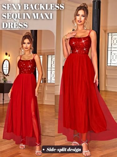 Image of ShawGobow Tulle Prom Dress with Slit,Sequin Backless Long Flowy Dresses for Women,Sexy Sparkly Outfits Homecoming Wedding