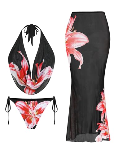 Image of ZAFUL Women's 3 Piece Floral Swimsuit Draped Neck Halter Bikini Tie Side Bathing Suit with Sheer Cover Up Skirt