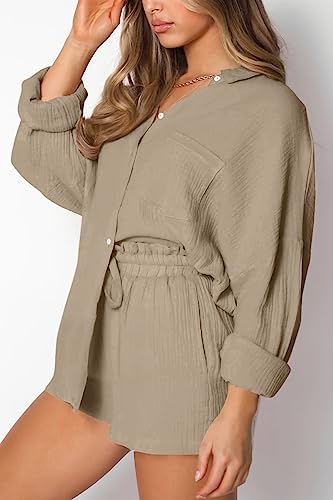 Image of Trendy Queen Two Piece Sets For Women Summer Short Sets | Matching Two Piece Pajama, Lounge Wear, Linen Set, Button-down Top with Matching Shorts, Perfect for Beach, Resort Wear