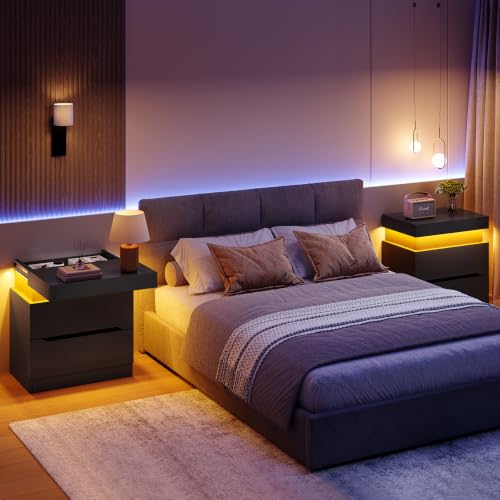Image of TEENFON Nightstands Set of 2, Night Stand with 2 Drawers, Nightstand with App-Controlled Adjustable LED Light, Bedside Table with Slidable Hidden Storage Space, Modern Nightstands for Bedroom,Black