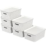 Ziglous 6-Pack Plastic Storage Baskets with Lids, Small Weave Basket Box with Handle for Bathroom, Kitchen, Office, White