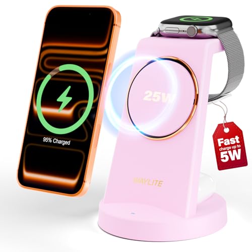 Image of 3 in 1 Fast Charging Station for iPhone, 25W Wireless Magnetic Phone Charger for iPhone 17 16e 16 15 14 13 12 Serise, Watch Charger Stand, Wireless Charging Station for AirPods 4 3 Pro, Pink