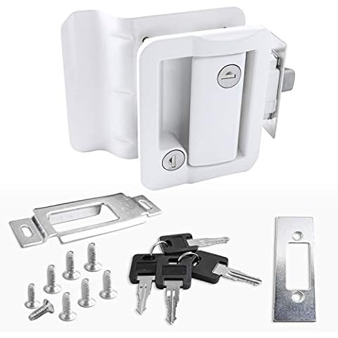 RV Door Lock Replacement with Paddle Deadbolt, Camper Door Handle Latch, 100% Metal RV Enclosed Travel Trailer Entry Door Lock with Keys for Camper Horse Trailer Cargo Hauler White Cover
