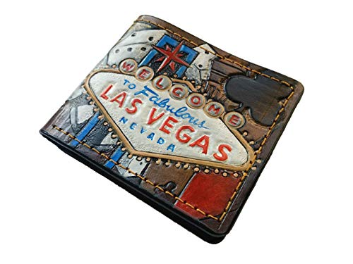 Men's 3D Genuine Leather Wallet, Hand-Carved, Hand-Painted, Leather Carving, Custom wallet, Personalized wallet, Casino, Dice, Chips, Welcome to Fabulous Las Vegas, Nevada, Poker