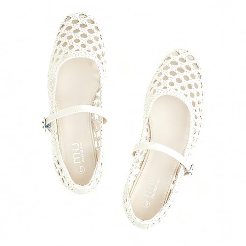 Samilor Woven Mesh Womens Sandals: Square Toe Faux Leather Mary Jane Ballet Flats with Adjustable Buckle Strap & Memory Foam Cushion - Casual Comfortable Lightweight Women Shoes - White 8