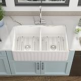 33 White Farm Sink Double Bowl - Fulorni 33'×20' Apron Front Farmhouse Sink Reversible Double Bowl 50/50 Ceramic Porcelain Fireclay Farmer Kitchen Sink Basin
