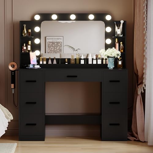 Image of Furmax Vanity Desk with Hollywood Style Mirror with LED Lights, Makeup Table Vanity with 2 AC Outlets and1 USB&1 Type-C Port, Adjustable Lighting, Modern Ample Storage Drawers Dressing Table (Black)