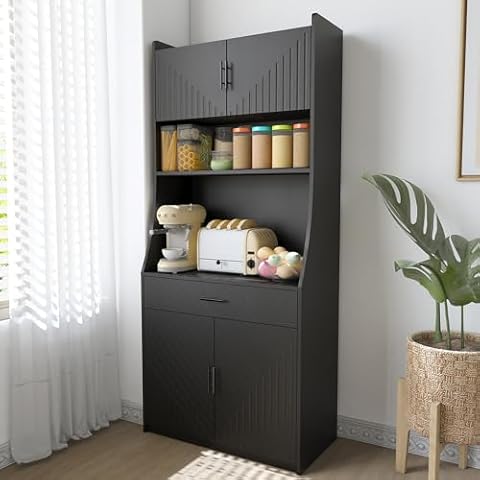 SIZOTA 71" Tall Kitchen Pantry Storage Cabinet, Modern Kitchen Hutch with Microwave Stand Power Outlet, Freestanding Pantry Cabinet Pantry Organizers and Storage for Home, Black Cover
