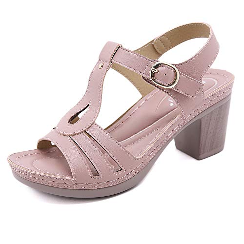 ZAPZEAL Ladies Wedge Sandals Open Toe Ankle Strap Low Block Heels Sandals Party Dress Pumps Shoes for Women Wedding Beach Sandals, Pink Size 6.5 US