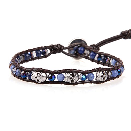 Image of KELITCH 925 Silver Skull Bracelets Wrap Bracelets Women Crystal Beaded Bracelets on Natural Leather