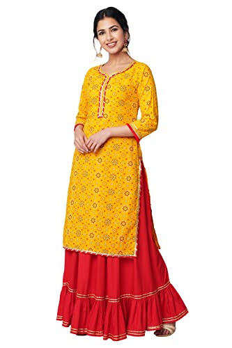 Image of GOD BLESS Yellow Colored Bandhani Printed Kurta With Skirt