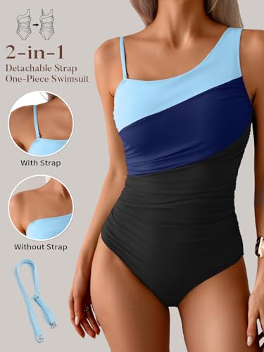 Image of Aidonger One Shoulder One Piece Swimsuit for Women Tummy Control Bathing Suits Color Block Ruched Swim Suit Slimming Swimwear