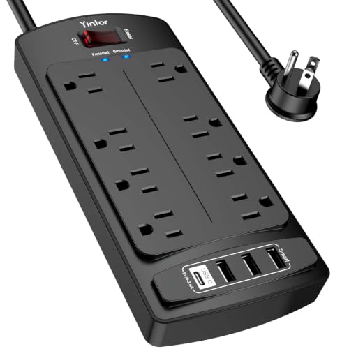 Image of Surge Protector Power Strip, Yintar Flat Plug Extension Cord with 8 AC Outlets and 4 USB Ports, 6 Feet Power Cord, 2700 Joules, ETL Listed, Black