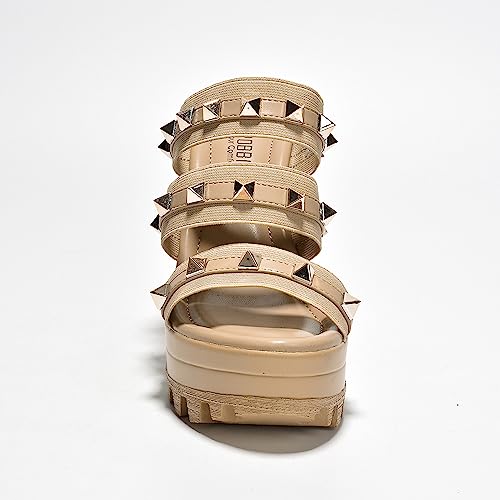 Cape Robbin Women's Spiky Platform Sandals - Slip-On Chunky Heels with Silver Stud Straps (Tinley) - Nude Size 94