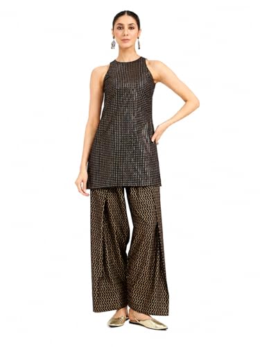 Image of FIORRA Women Black Printed Pure Cotton Straight Kurta with Farshi Salwar