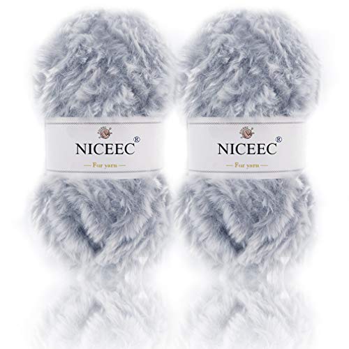 Image of NICEEC 2 Skeins Faux Fur Yarn Super Soft, Chunky & Fluffy, Eyelash Yarn for Crochet & Knitting (Total Length 70yds,3.53oz) - Light Grey