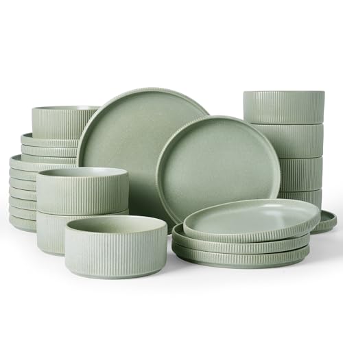 Image of Famiware Star 24-Piece Reactive Glaze Plates and Bowls Sets, Service for 8 - Stoneware Dinnerware Set, High Edge Ribbed Dishes, Chip & Scratch Resistant, Microwave & Dishwasher Safe, Matte Sage Green