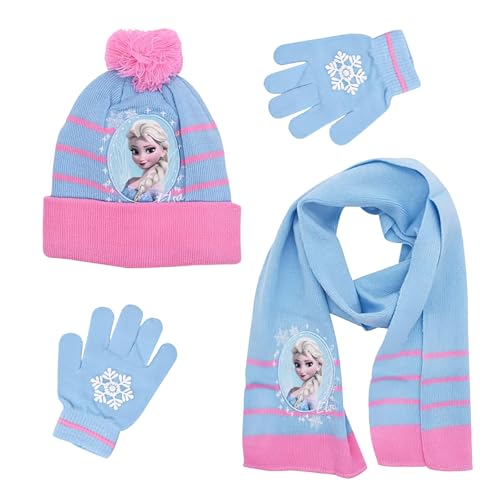 Kinder Wintermütze Schal und Handschuh Set, Blau Cartoon-Drucke Winter Herbst Frühling Schal Strickmütze Handschuhe Kombiset, Warme Wintermütze Häkeln Schal Handschuhe Geschenke für Mädchen 3-8 Jahre