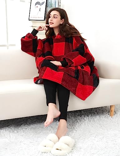Image of KFUBUO Wearable Blanket Hoodie for Adults With Pocket Sherpa Red Plaid | Sherpa, Fuzzy Blanket Hoodie, Oversized Sweatshirt Blanket, Kangaroo Pouch, Cute Gifts for Women, Cute Stuff