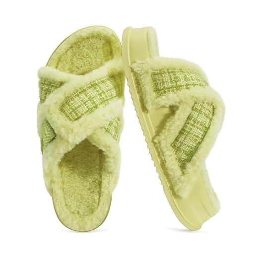 KuaiLu Womens Teddy Fleece Cross Band Slippers Arch Support Green Size 11