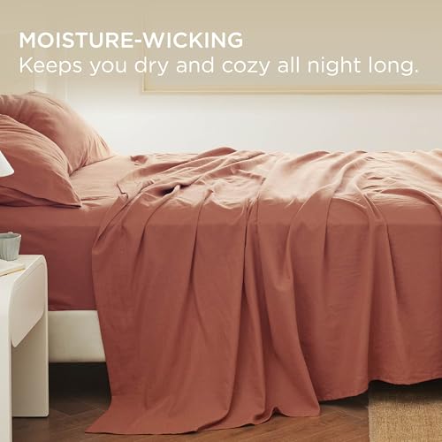 Bedsure Linen Sheets - Queen Size Bed, Blend from Linen Cotton Bedsheets, Breathable Cotton Bedsheets, Gifts for All Seasons, 4 Pieces, Terracotta