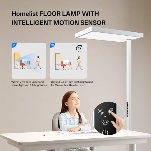 Image of Homelist SKY1 Superlight 150W Full Spectrum Eye Protection Floor Lamp, 13000LM Ultra-Bright Standing Lamp with Motion Sensor, Auto Dimming, Touch & Remote Control, 4000K, for Homeoffice, Study Room