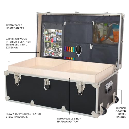 Image of Large Essential Trunk With Wheels, Tray, & Lid Organizer - 32 inchx18 inchx14 inch, 1000+ lbs Capacity. Strong, USA Made Summer Camp Footlocker, and Secure College Dorm Storage Chest
