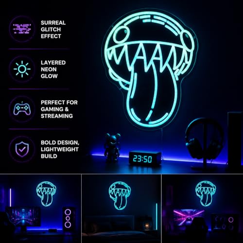 Image of Glitch Monster WAA Neon Sign, Ice Blue, LED 16 x 12.5 Inch | Tongue-Out Creature Wall Art, Digital Circus Style Character,, Bedroom Streamer Setup Decor