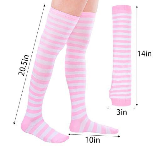 Image of Tongcloud Women's Striped Knee High Socks, Over Knee Thigh High Socks, Arm Warmer and Fingerless Gloves Set