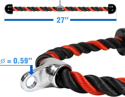 Image of Yes4All Deluxe 27 inch Red & Black Tricep Rope with Carabiner, Exercise Machine Attachments, Pulley System Pull Down Rope, LAT Cable Attachment for Row Machine & Cable Machine