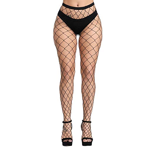 E-Laurels Womens High Waist Fishnet Tights Suspenders Pantyhose Thigh High Stockings Black (Black Fishnet Tights XL_Hole)