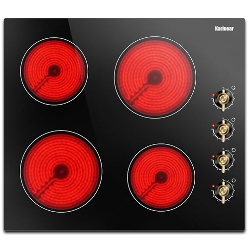 Image of Karinear 24 Inch Electric Cooktop 4 Burners Electric Stove, Knob Control | 6000W High Power Radiant Ceramic Cooktop, Built-in Design, 220-240V Hardwire, No Plug, Overheat Protection(Gold Knob)