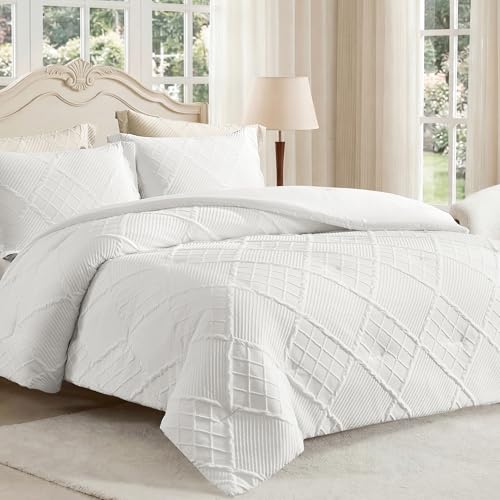 King Comforter Set, 3 Piece White Jacquard Bedding Set with 2 Pillow Cases - image 1