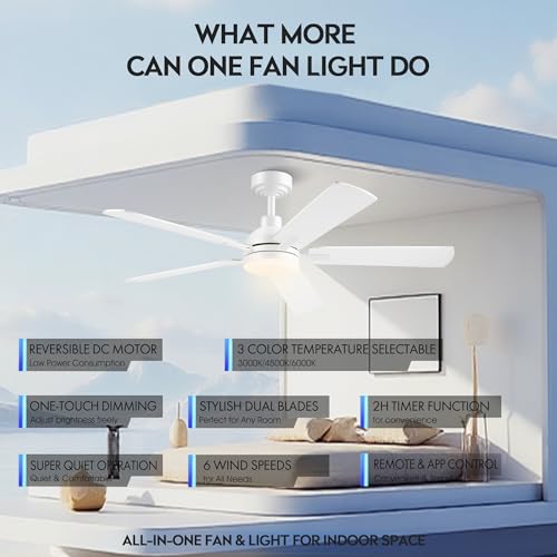 Image of JSAITEE 52 Inch Smart Ceiling Fan with Lights, Remote & App Control, DC Reversible Motor, 6 Speeds Quiet 35dB, 3CCT Dimmable LED, Low Profile Modern Ceiling Fans for Bedroom Living Room, White