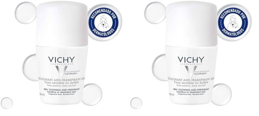 Vichy Dermo-Tolerance Deodorante Roll-On Antitraspirante, Per Pelle Sensibile o Depilata, Pelle Fresca e Lenita per 24H, Con Acqua Termale di Vichy, Prolina Cutei e Estratto di Ninfea, 50 ml