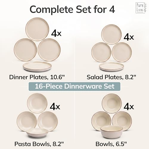 Image of 16 Piece Stoneware Dinnerware Set for 4 - Handmade Reactive Glaze Plates and Bowls Set - Chip & Scratch Resistant Dish Set - Dishwasher Microwave Safe - Rustic Beige