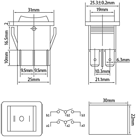 Heschen Przełącznik kołyskowy ON-OFF-ON DPDT 6 terminali 16 A 250 V AC czarny 2 szt
