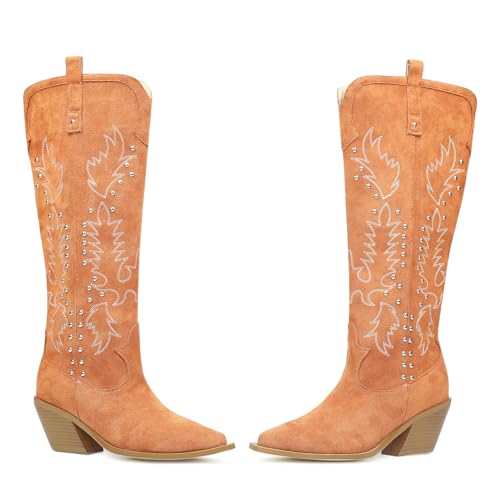 Women Thick Heels Pointed toe Studs Western High Boots Ladies Faux Suede Embroider Rivets Riding Boots4