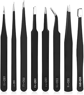 Ainiv Precision Tweezers Set, 8PCS Anti-Static ESD Tweezers, Non-Magnetic Stainless Steel Curved Tweezers Set for Modeling, Electronic Repair, Handicraft, Laboratory, Jewelry Manufacturing, Hobby etc