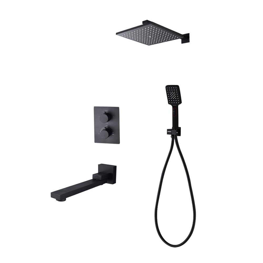 Rubinetto termostatico in ottone, set doccia nero, 8-12 pollici, set rubinetto deviatore per doccia a pioggia per bagno con doccetta portatile in plastica, 12 pollici
