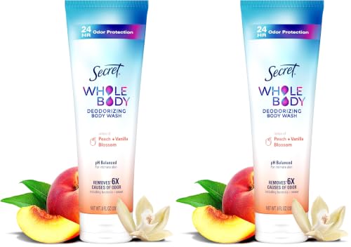 Image of Secret Feminine Wash, 24 HR Deodorizing Feminine Body Wash for Women, Removes 6x Causes of Odor, PH Balanced, Safe to Use Everywhere, Peach & Vanilla Blossom Scent, 8.0 oz, (Pack of 2)